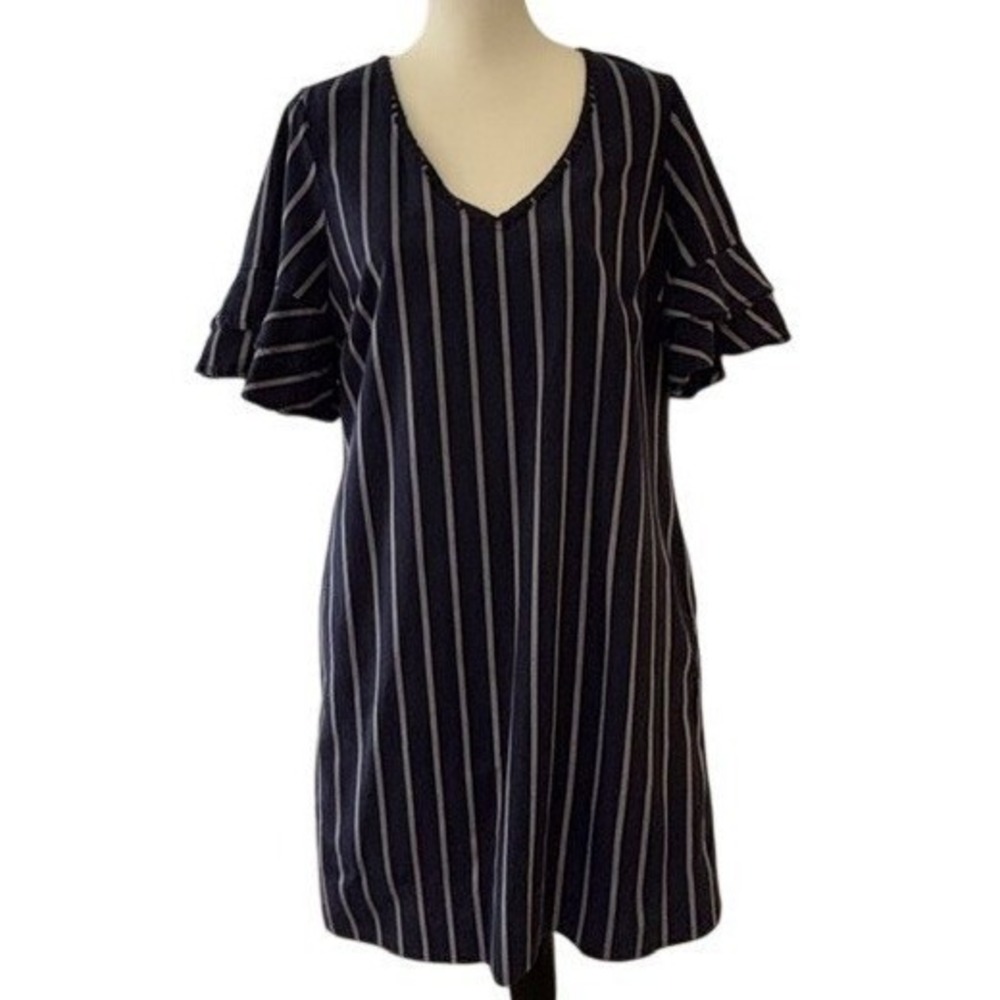 Tommy Bahama Shift Dress Womens Medium Blue Striped 2-Pockets Ruffle Sleeve